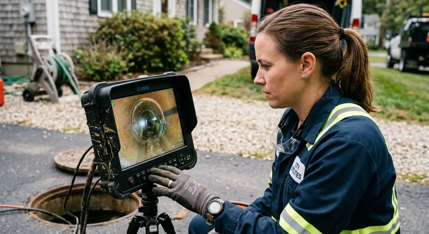 Technician reviewing sewer camera inspection footage in Leoni