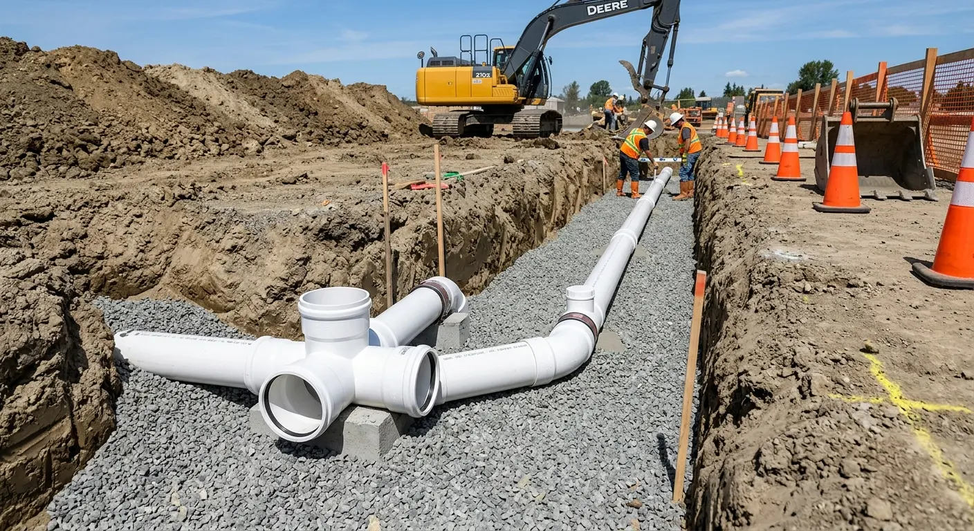 New PVC sewer pipe installation in open trench for Commercial Drain Cleaning in Leoni