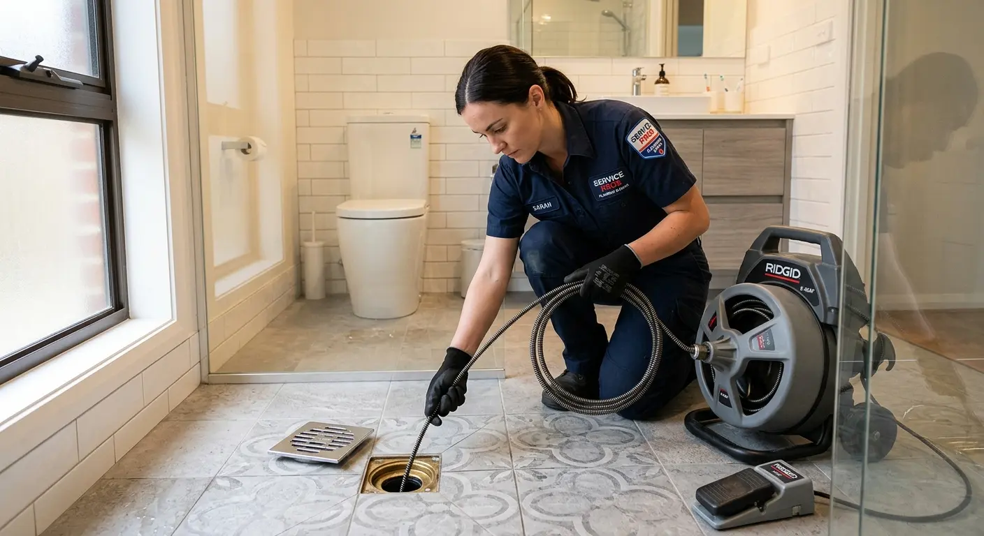 Technician clearing a bathroom floor drain for Hydro Jetting in Leoni